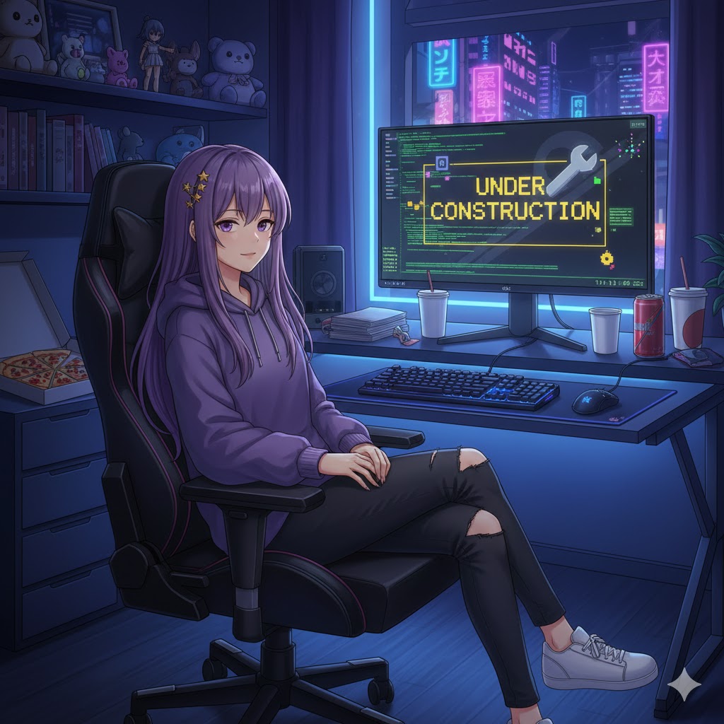 Purple haired anime girl at a computer